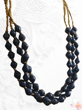 Teng Yue Long Triple Strand Necklace Navy Paper Bead Gold Accent Statement